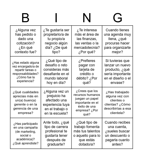 Conversemos: Experiencias, metas y trabajo Bingo Card