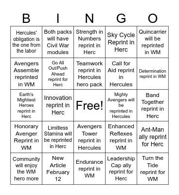 Marvel Champions February 2026 Predictions Bingo Card