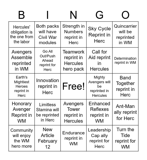 Marvel Champions February 2026 Predictions Bingo Card