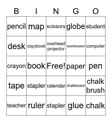 Classroom Objects Bingo Card