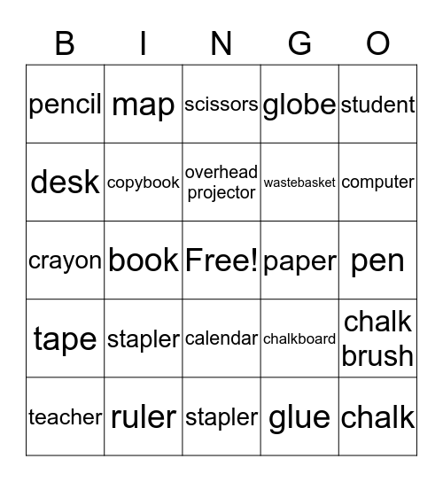 Classroom Objects Bingo Card