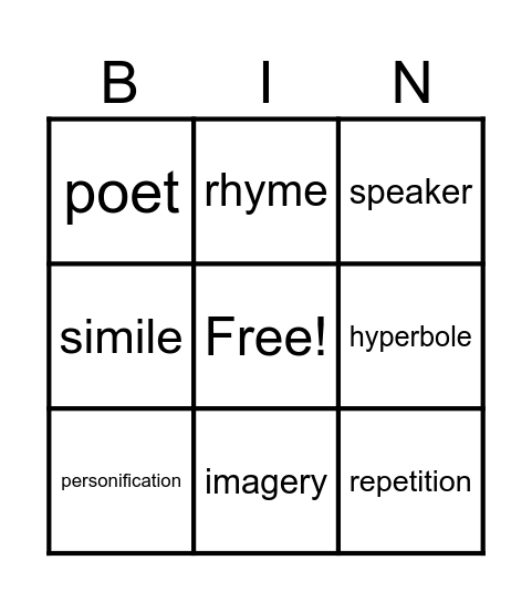 Poetry Vocabulary Bingo Card