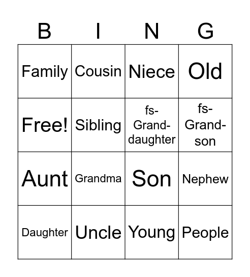 Unit 5: More Family and Gender Vocabulary Bingo Card