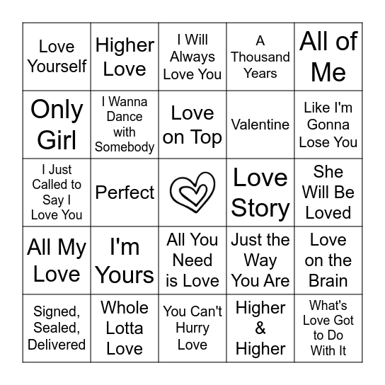 Valentine's Music Bingo Card