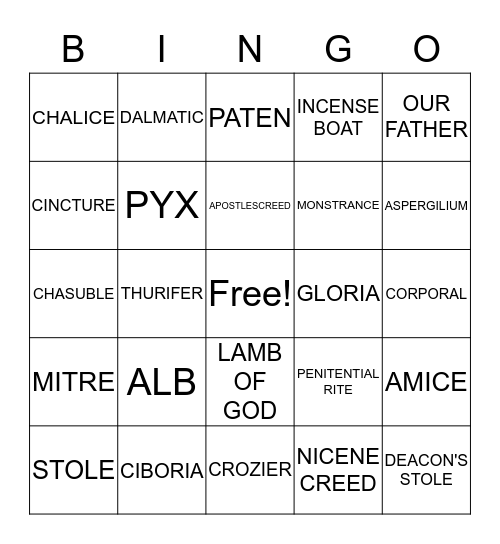 Mass, Vessels and Vestments Bingo Card