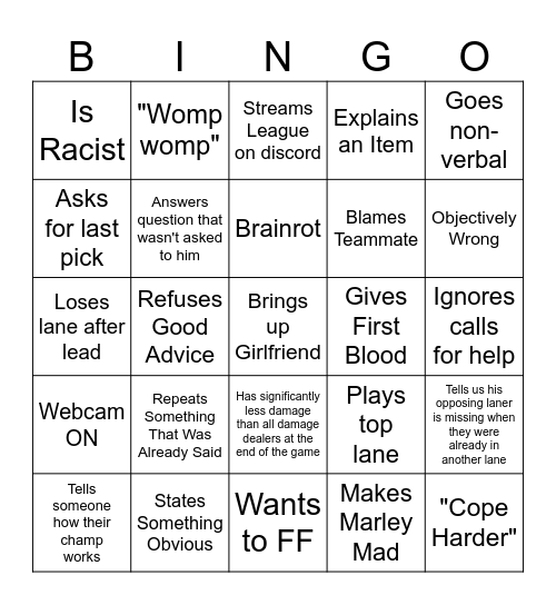 Cody Bingo Card