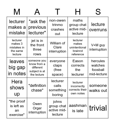 1A Lent Lecture Bingo Card
