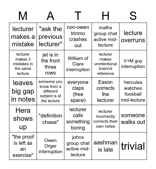 1A Lent Lecture Bingo Card