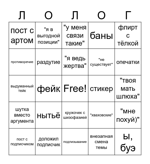 тгк лолог бинго Bingo Card