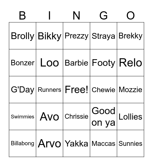 Aussie Lingo Bingo Card