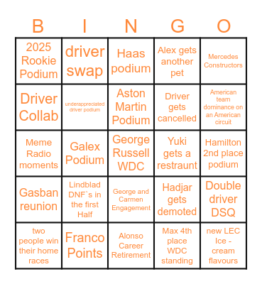 F1 2026 Bingo Card