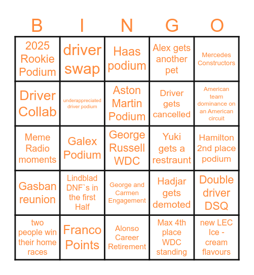 F1 2026 Bingo Card