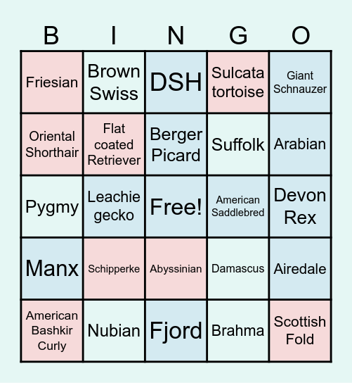 Hill's Bingo Night - Animals/Breeds Bingo Card