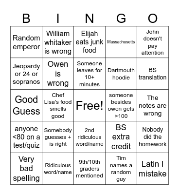 senior latin bingo Card