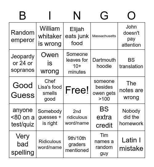 senior latin bingo Card