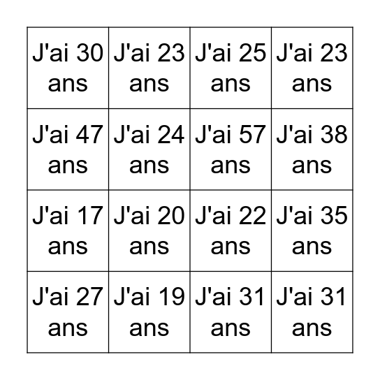 Tu as quel âge ? Bingo Card