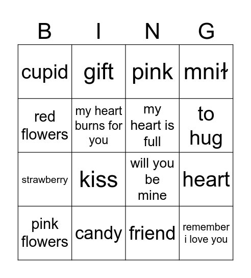 valentines day Bingo Card