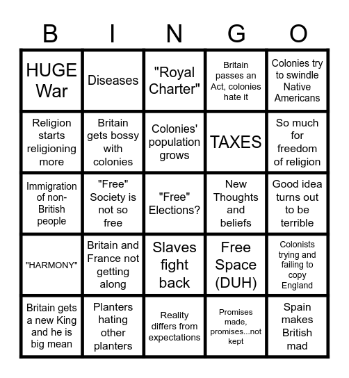 ACC BASICALLY History (1700-1763) Bingo Card