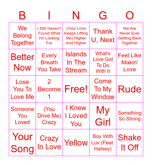 Valentine's Day Music Bingo Card