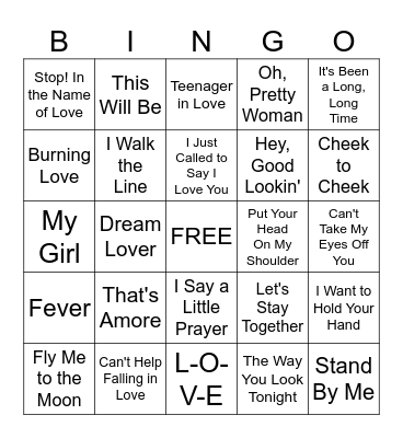 Love Song Bingo Card