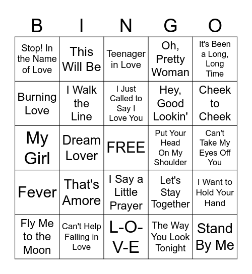 Love Song Bingo Card
