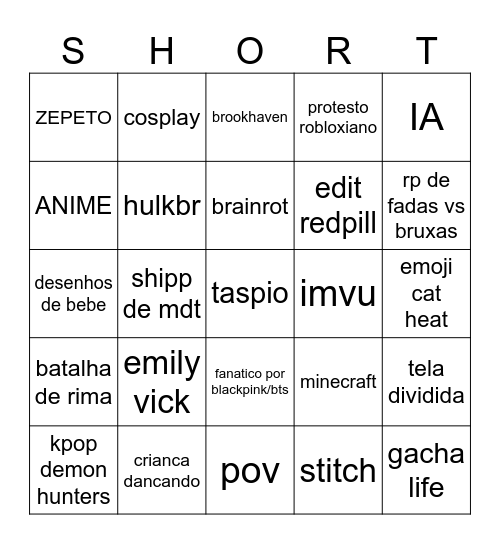yt shorts cringe Bingo Card