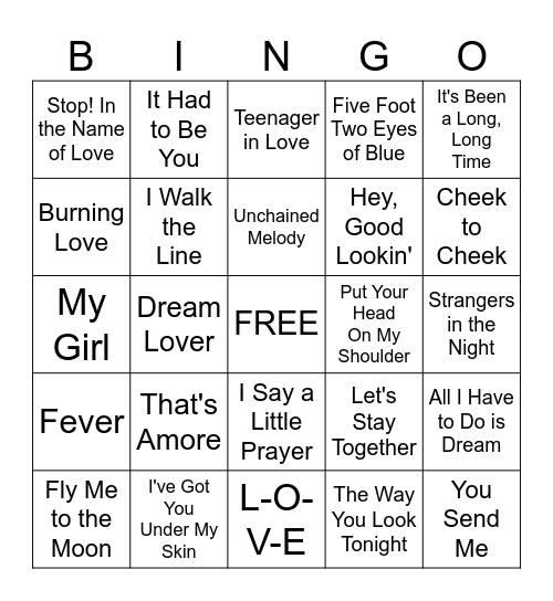 Love Song Bingo Card