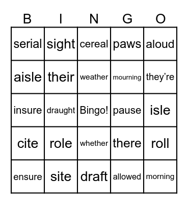 Homophones Bingo Card