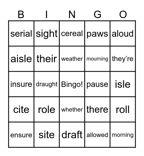 Homophones Bingo Card
