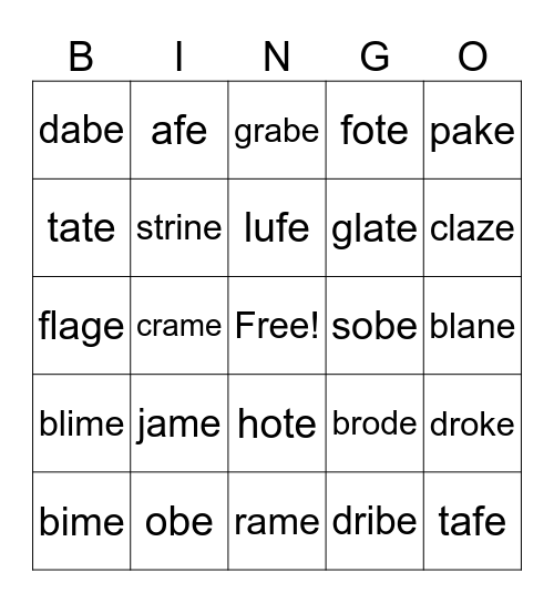 Vowel Consonant e one syllable nonsense words Bingo Card