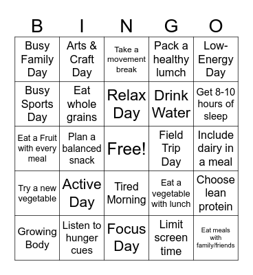 Nutrition Bingo Card