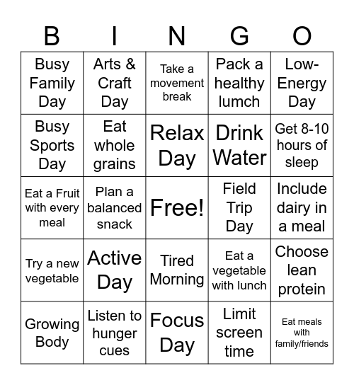 Nutrition Bingo Card