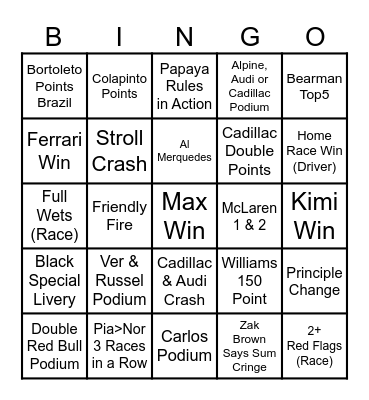 F1 Bingo 2026 Bingo Card