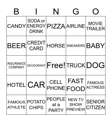 Super Bowl Commercial Bingo Card