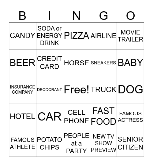 Super Bowl Commercial Bingo Card