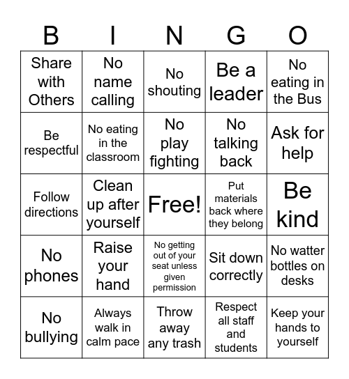 Classroom Rules Bingo Card