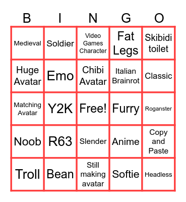Catalog avatar creator Bingo Card