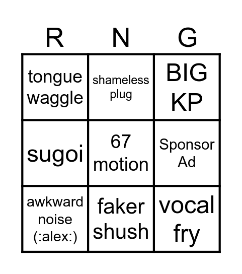 RNG Valentine Event Bingo Card