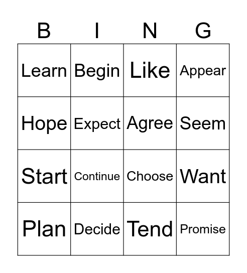 Infinitive Bing Bingo Card