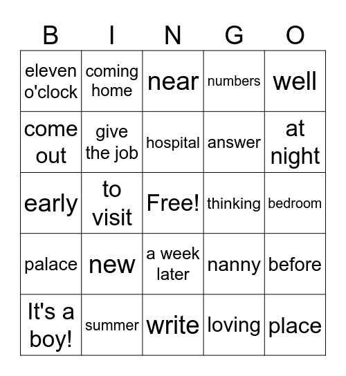 Prince William Bingo Card