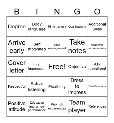 Resume and Interview Skills Bingo Card