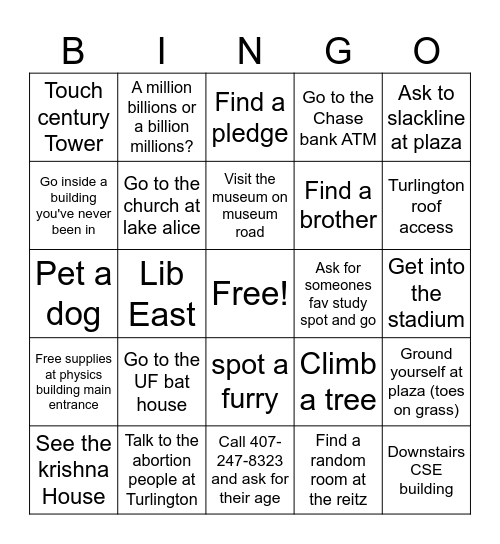 UF Campus Bingo Card