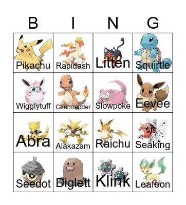 Pokemon Pics and Names Bingo Card