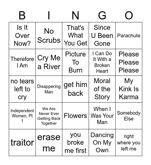 Break Up Anthems Bingo Card