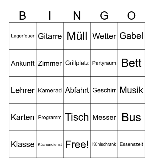 Klassenfahrt Bingo Card