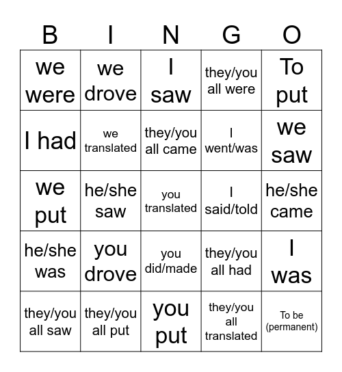 Irregular Preterite Bingo - English Bingo Card