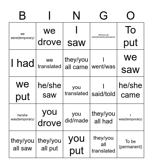 Irregular Preterite Bingo - English Bingo Card