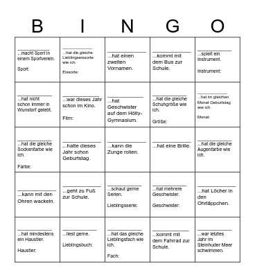 Kennlern-Bingo Card