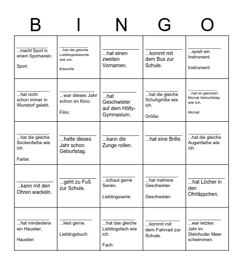 Kennlern-Bingo Card