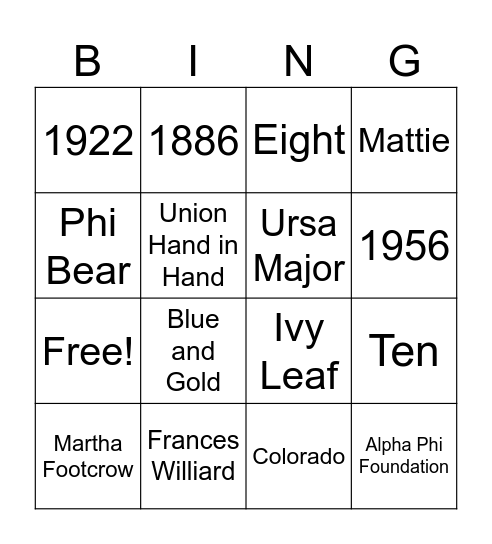 Alpha Phi Bingo Card
